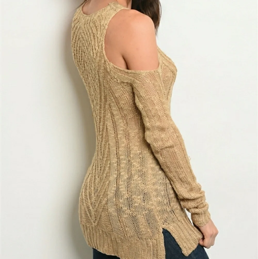 COZY CASUAL COLD SHOULDER LONG SLEEVE KHAKI SWEATER KNIT TOP